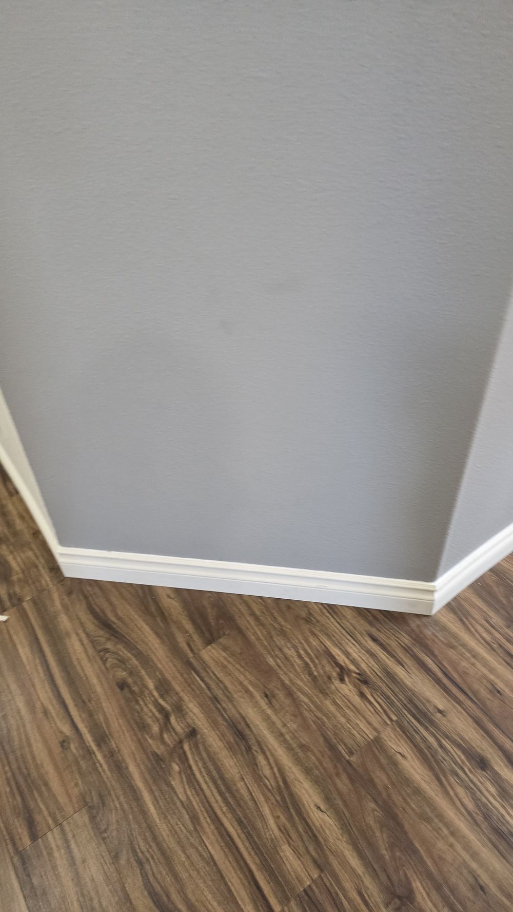 Finished wall, fresh white baseboard and new plank flooring on a Speedy's repair job